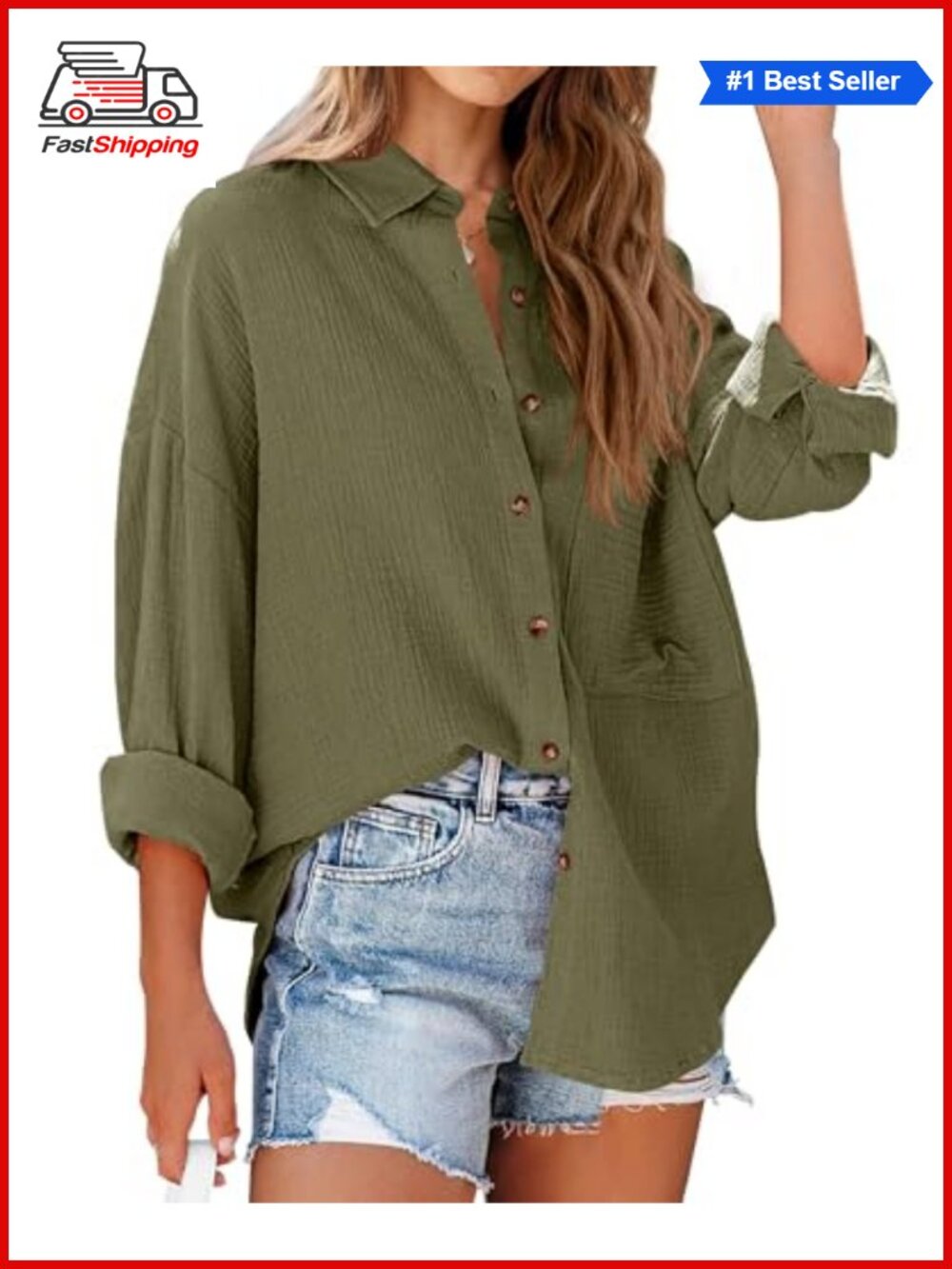 Women's Long Sleeve Button Down Blouse Business Casual V-Neck Roll-Up Sleeve Top